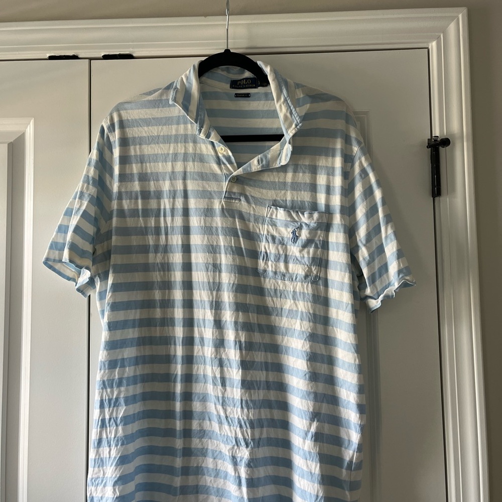 Ralph Lauren Men's Light Blue and White Striped Polo Shirt